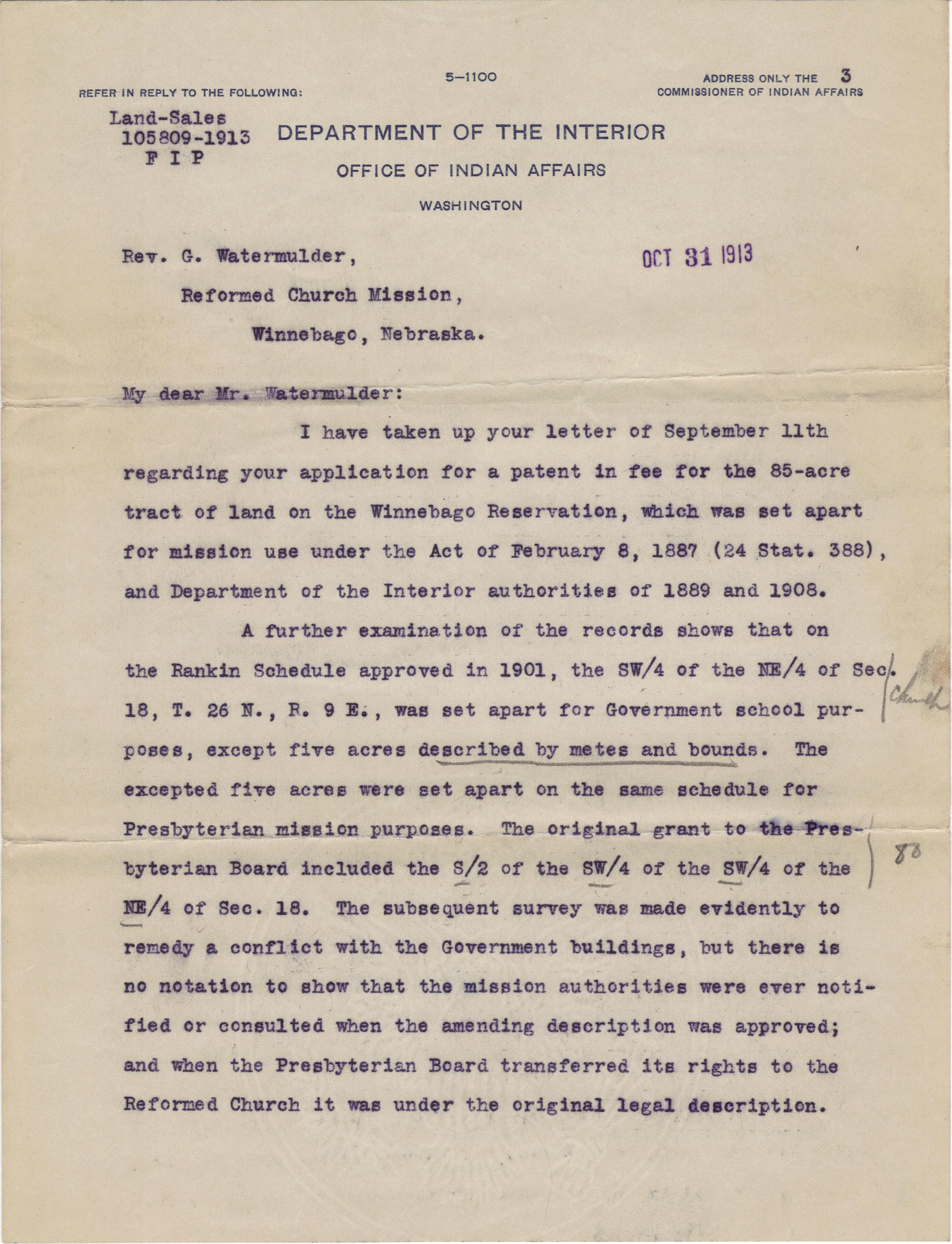 October 31, 1913: Clarification of land description (1)